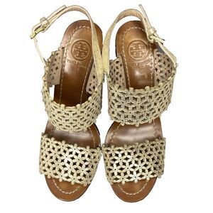 Tory Burch Sandals Platform Wedge Daisy Leather Cork Heel Womens 6 Metallic Gold